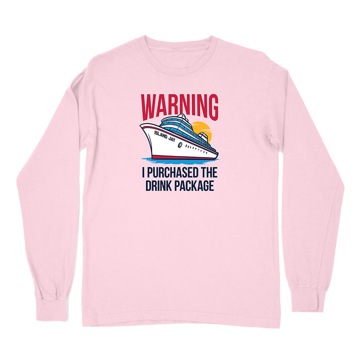 Pink long-sleeve shirt with a cruise ship graphic and text on a white background