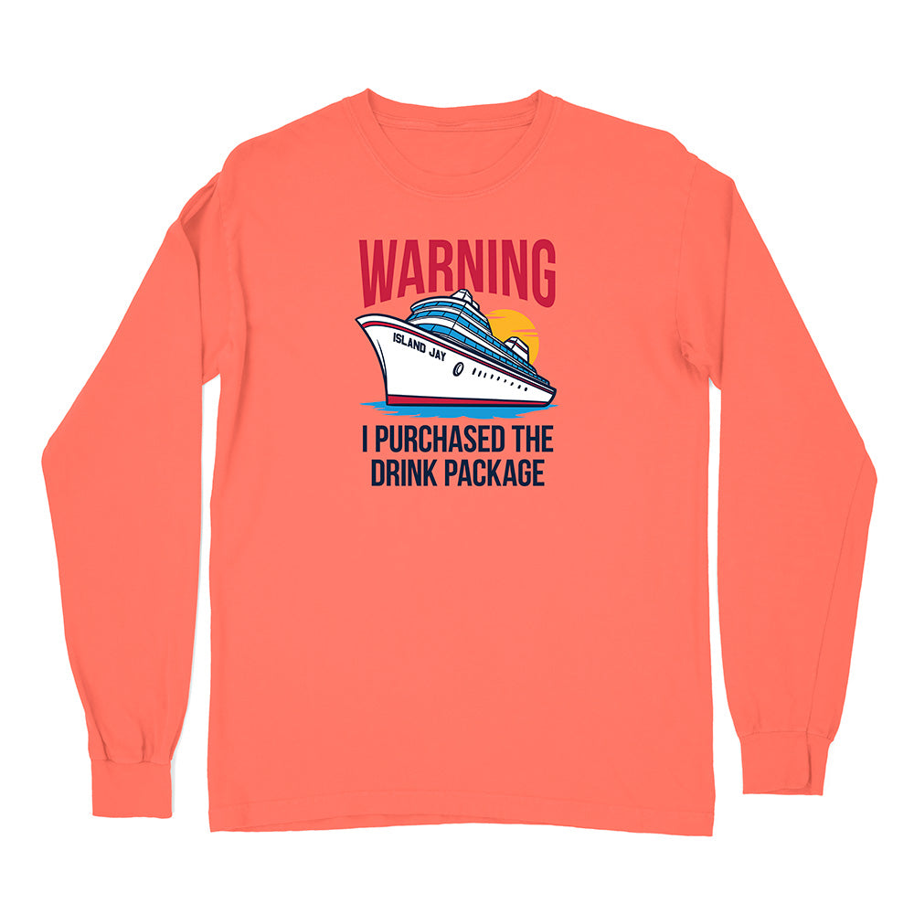 Coral long-sleeve shirt with a cruise ship graphic and text on a white background