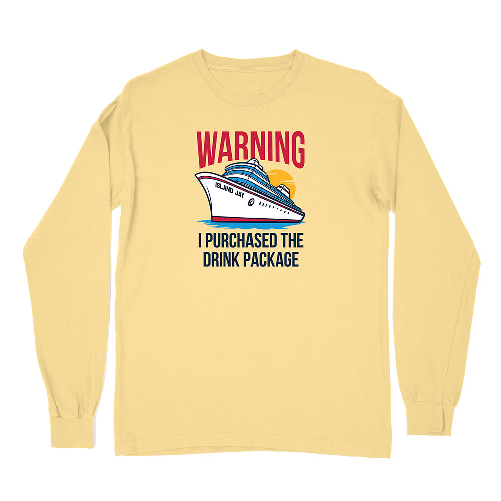 Yellow long-sleeve shirt with a graphic of a cruise ship and text on a white background