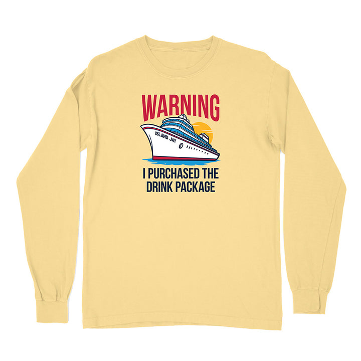 Yellow long-sleeve shirt with a graphic of a cruise ship and text on a white background