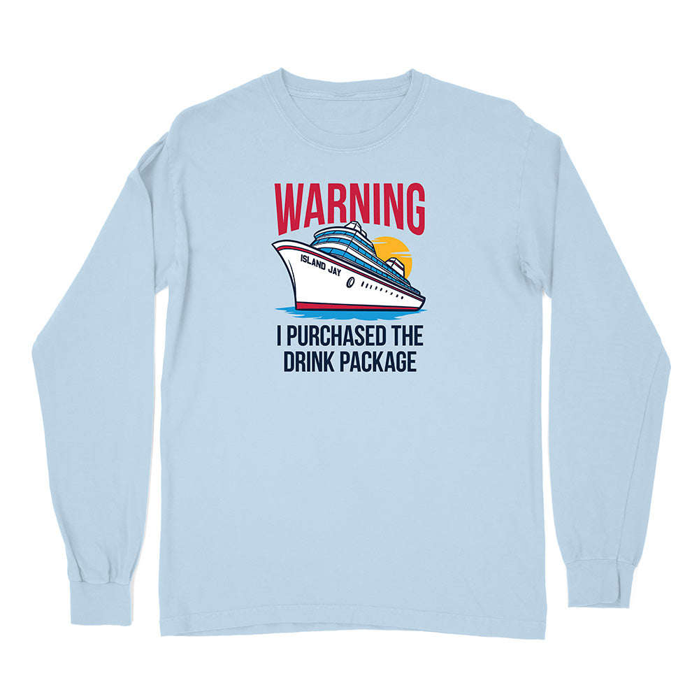 Light blue long-sleeve shirt with a cruise ship graphic and text on a white background