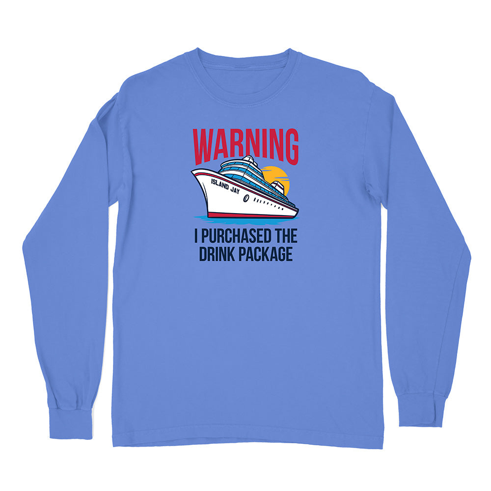 Blue long-sleeve shirt with a cruise ship graphic and text on a white background