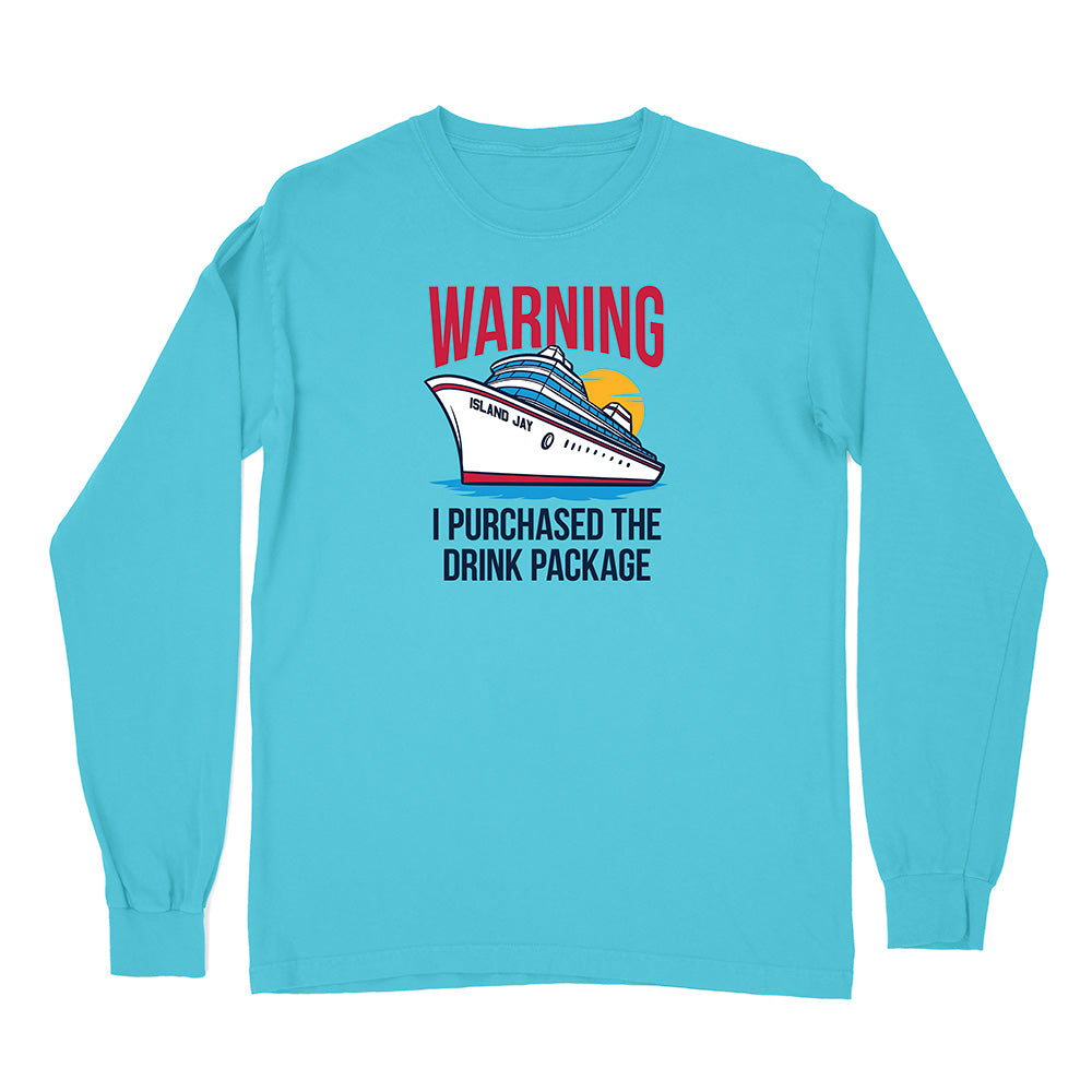 Blue long-sleeve shirt with a cruise ship graphic and text on a white background