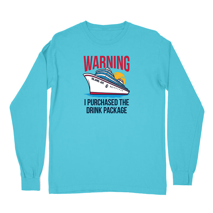 Blue long-sleeve shirt with a cruise ship graphic and text on a white background