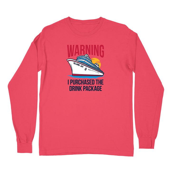 Red long-sleeve shirt with a cruise ship graphic and text on a white background
