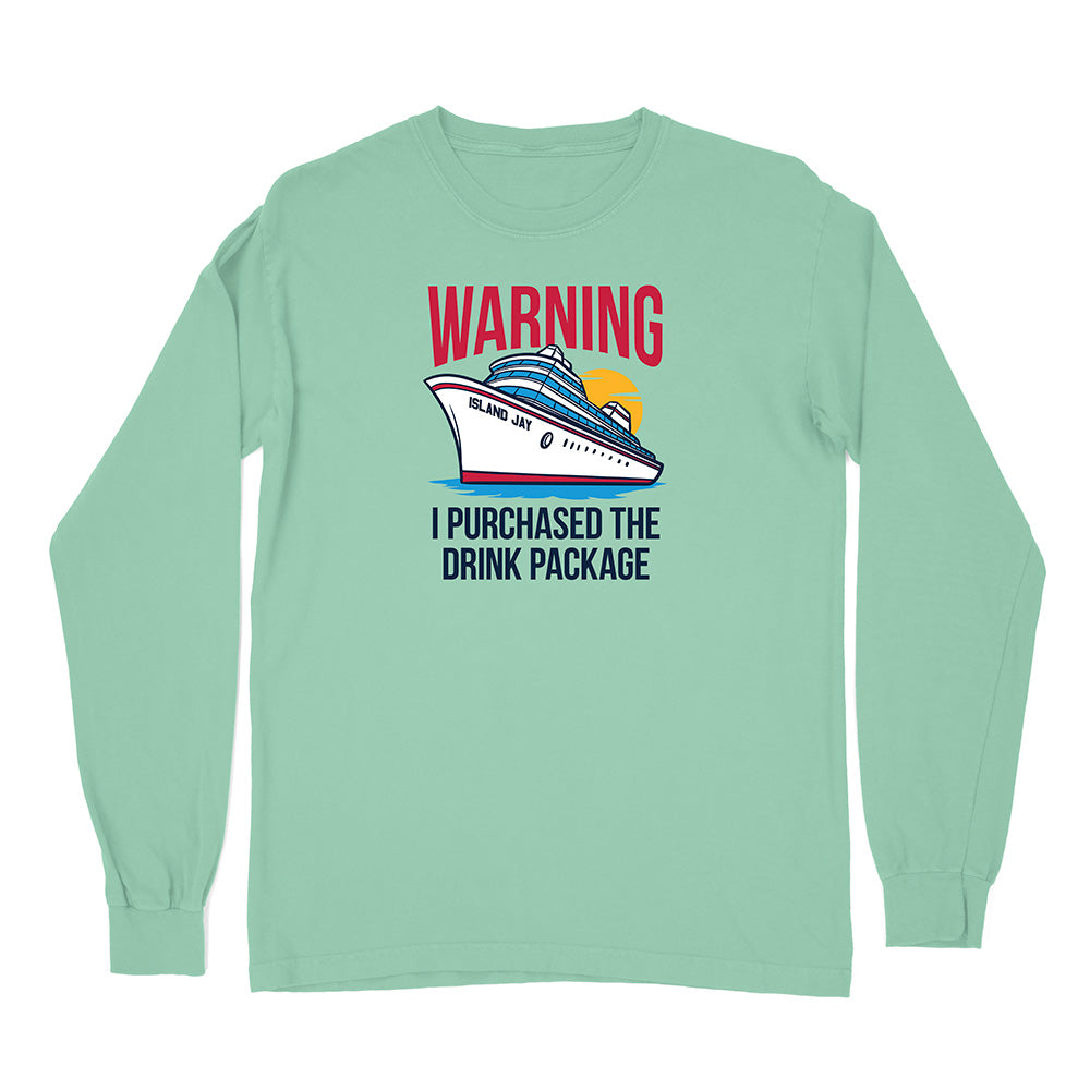 Mint green long-sleeve shirt with a cruise ship graphic and text on a white background