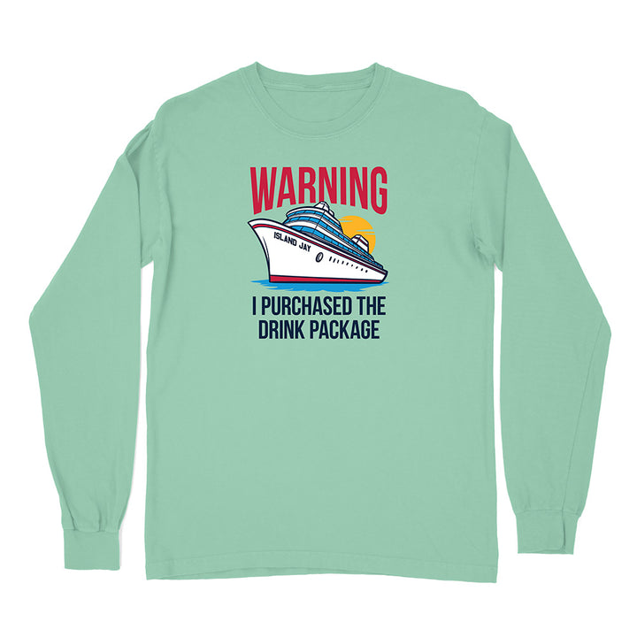 Mint green long-sleeve shirt with a cruise ship graphic and text on a white background