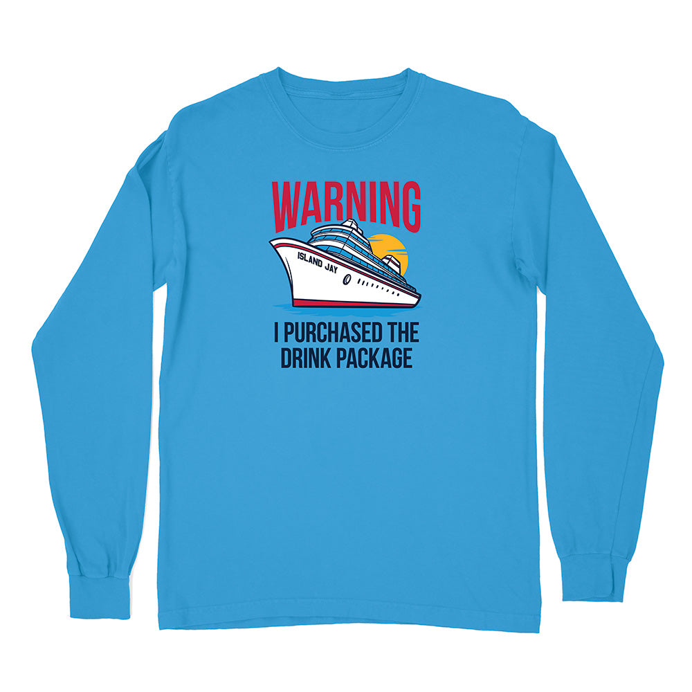 Blue long-sleeve shirt with a cruise ship graphic and text on a white background