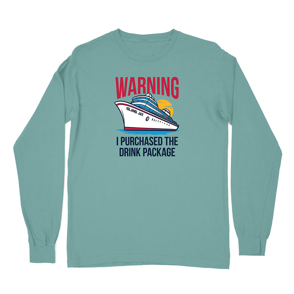 Teal long-sleeve shirt with a graphic of a cruise ship and text on a white background