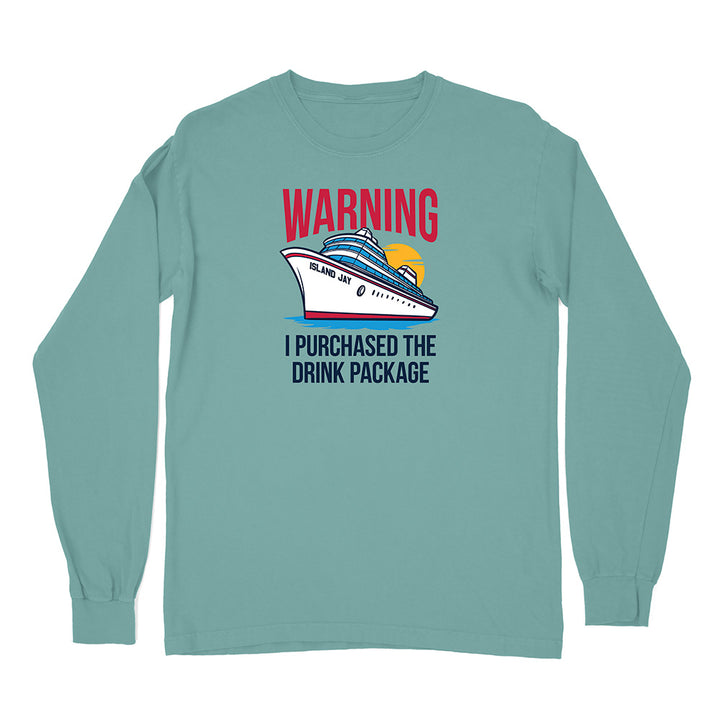 Teal long-sleeve shirt with a graphic of a cruise ship and text on a white background