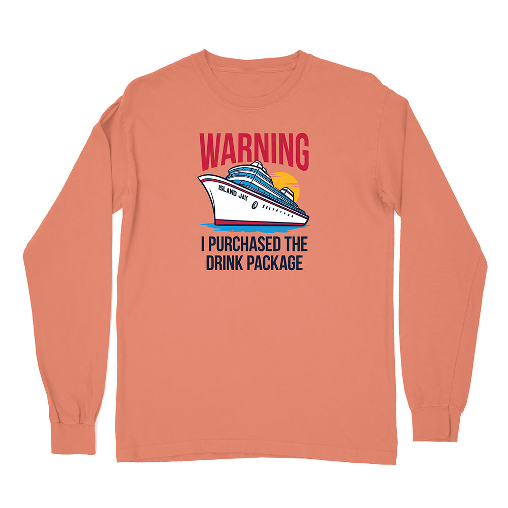 Coral long-sleeve shirt with a graphic of a cruise ship and text on a white background