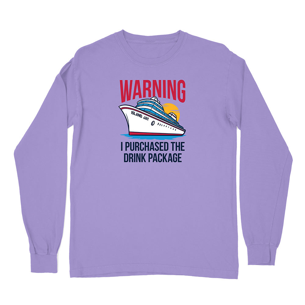 Purple long-sleeve shirt with a cruise ship graphic and text on a white background