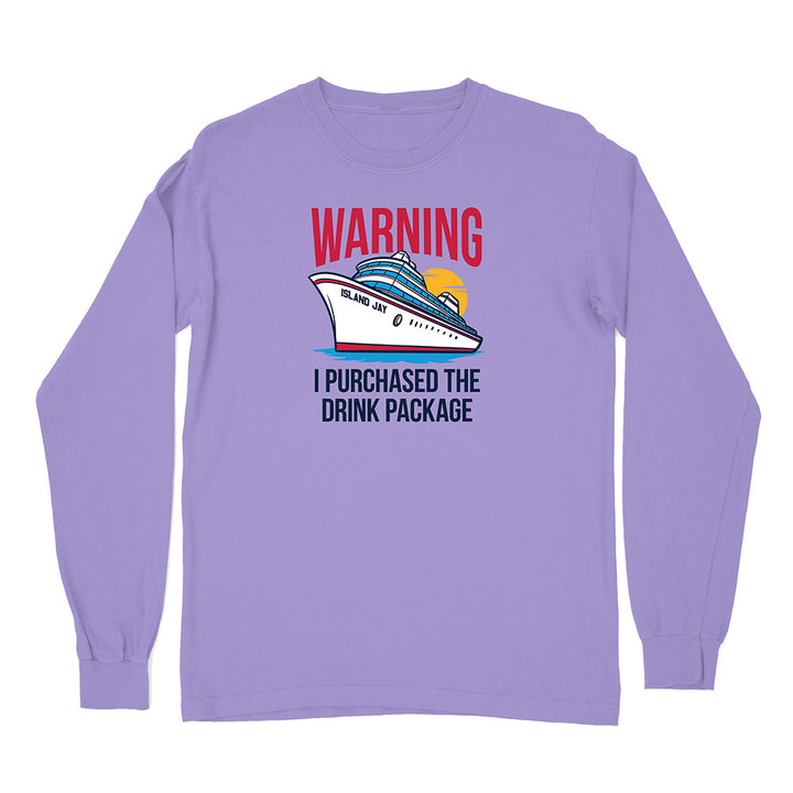 Purple long-sleeve shirt with a cruise ship graphic and text on a white background