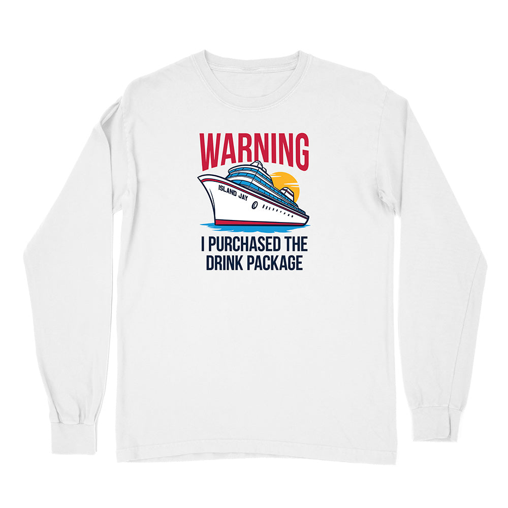 White long-sleeve shirt with a graphic of a cruise ship and text on a white background