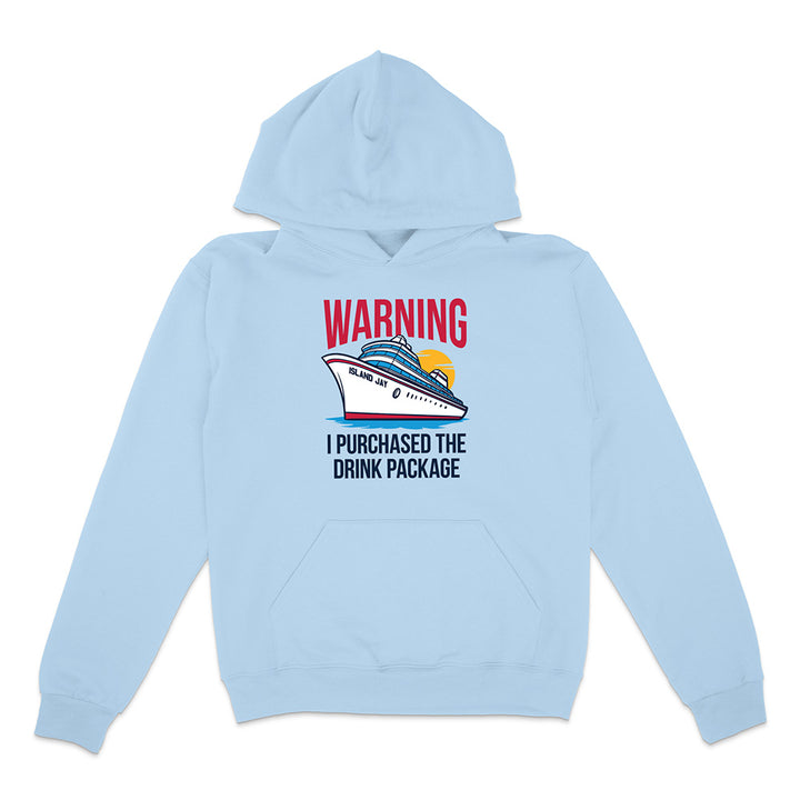 Light blue hoodie with a graphic and text on a white background