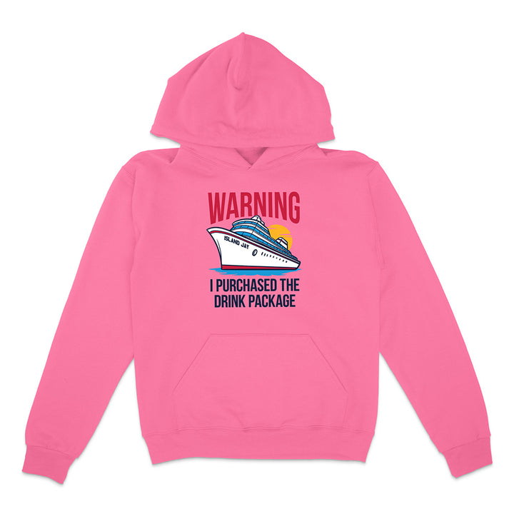 Pink hoodie with a graphic and text on a white background