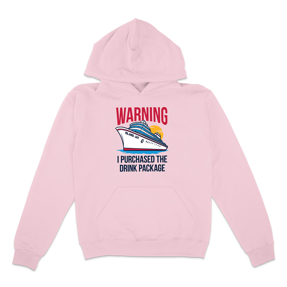 Pink hoodie with a graphic and text on a white background