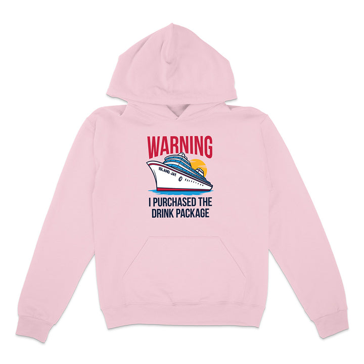 Pink hoodie with a graphic and text on a white background