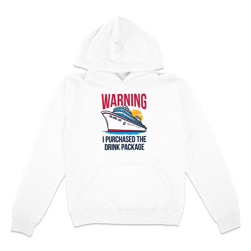 White hoodie with a graphic and text on a white background