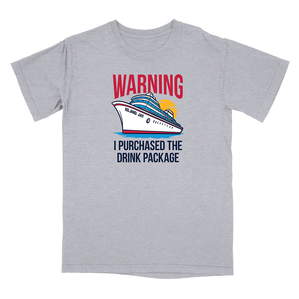 Gray t-shirt with a graphic of a cruise ship and text on a white background