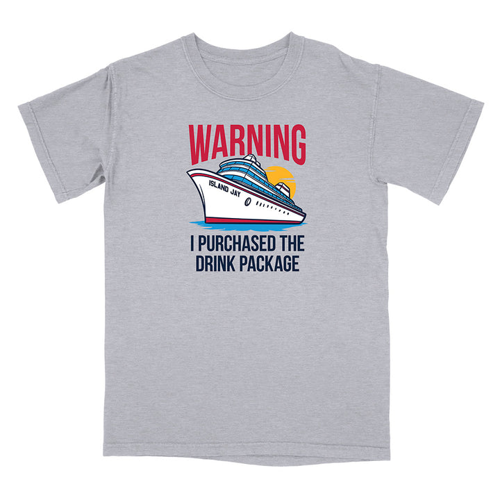 Gray t-shirt with a graphic of a cruise ship and text on a white background