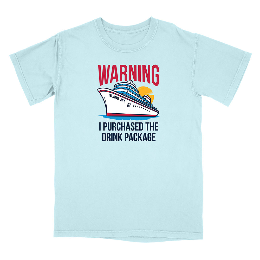 Light blue t-shirt with a cruise ship graphic and text on a white background