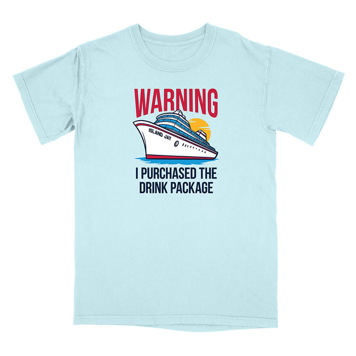 Light blue t-shirt with a cruise ship graphic and text on a white background