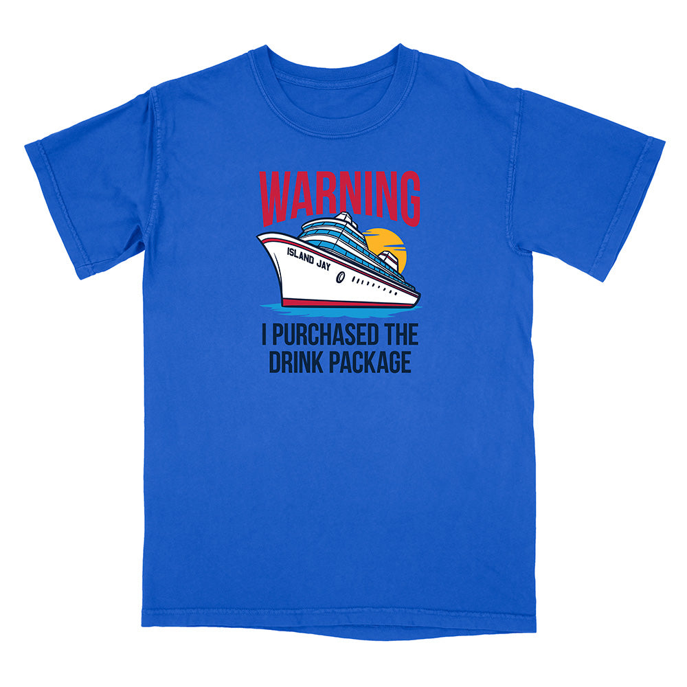 Blue t-shirt with a cruise ship graphic and text on a white background