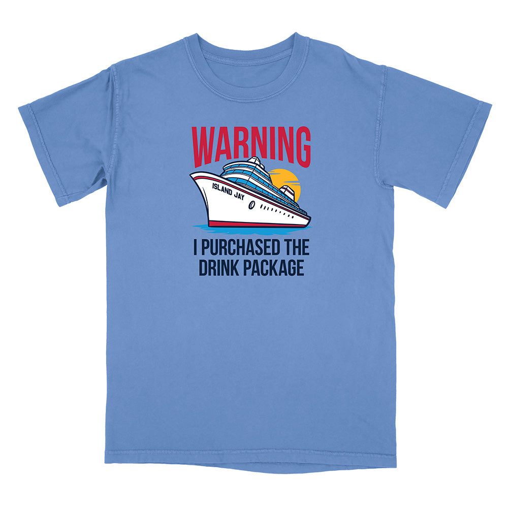 Blue t-shirt with a cruise ship graphic and text on a white background