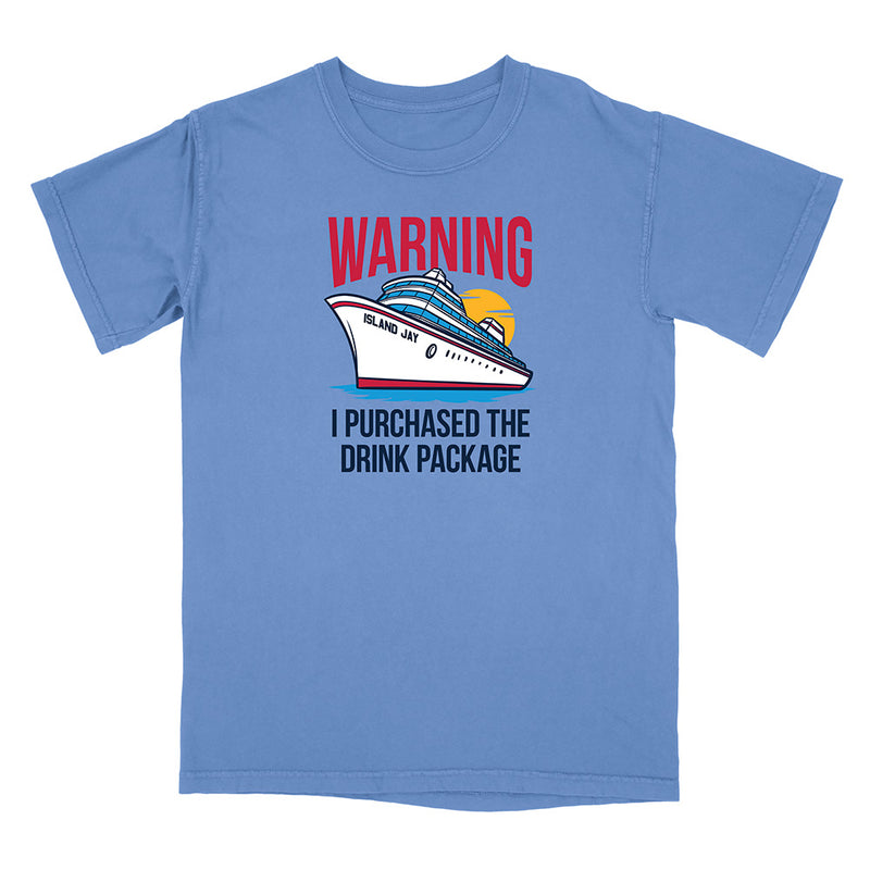Blue t-shirt with a cruise ship graphic and text on a white background