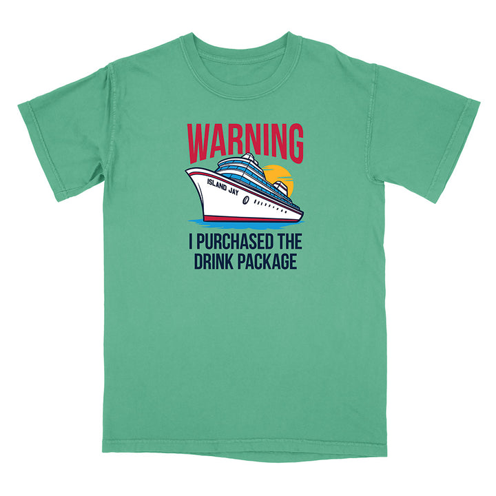 Green t-shirt with a cruise ship graphic and text on a white background