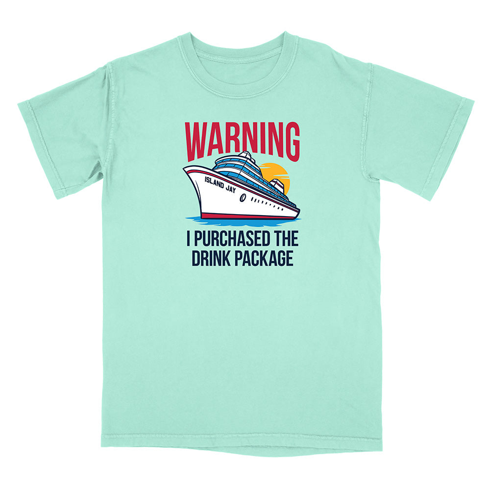 Mint green t-shirt with a cruise ship graphic and text on a white background