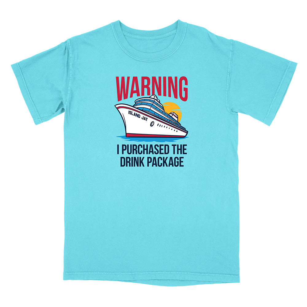 Light blue t-shirt with a cruise ship graphic and text on a white background