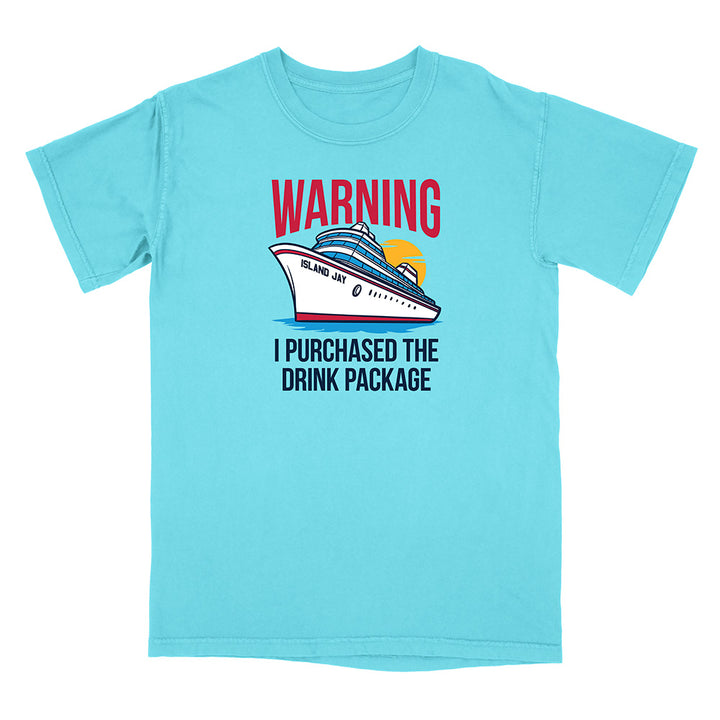 Light blue t-shirt with a cruise ship graphic and text on a white background