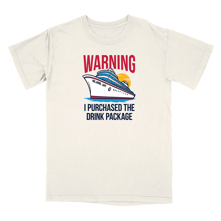 Beige t-shirt with a graphic of a cruise ship and text on a white background