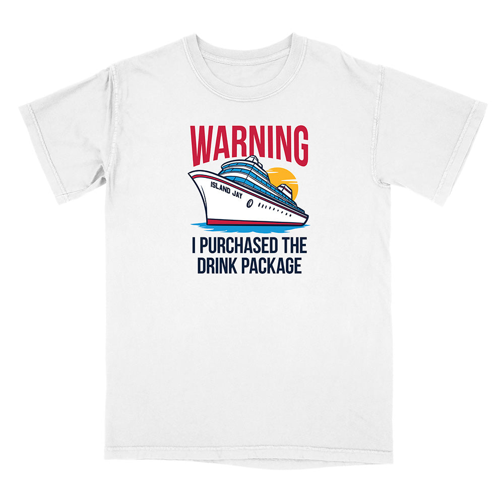 White t-shirt with a graphic of a cruise ship and text on a white background