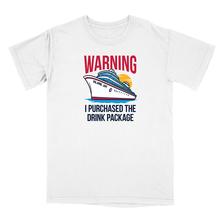 White t-shirt with a graphic of a cruise ship and text on a white background