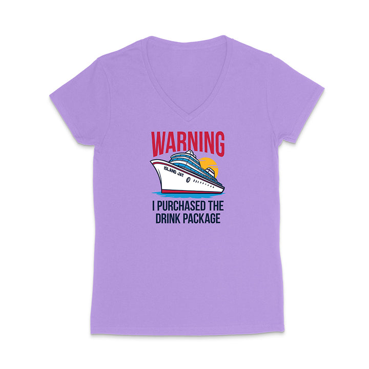 Purple t-shirt with a cruise ship graphic and text on a white background