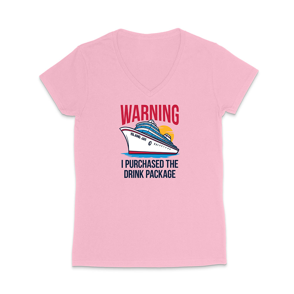 Pink t-shirt with a graphic of a cruise ship and text on a white background