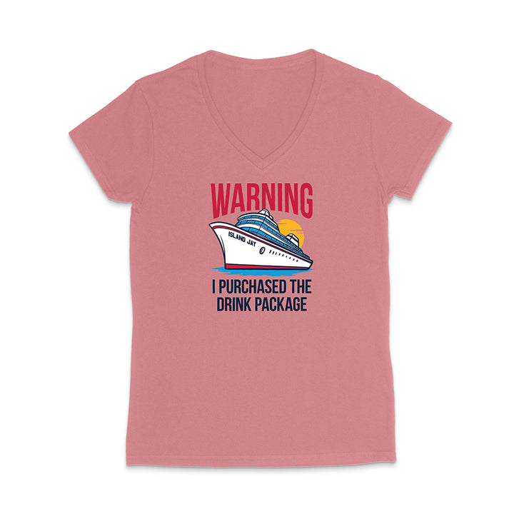 Pink t-shirt with a cruise ship graphic and text on a white background