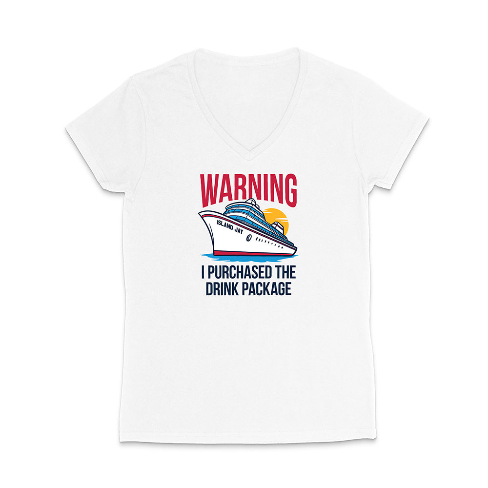 White t-shirt with a graphic of a cruise ship and text on a white background