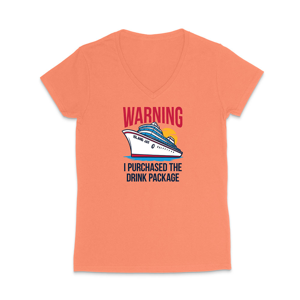 Coral t-shirt with a graphic of a cruise ship and text on a white background