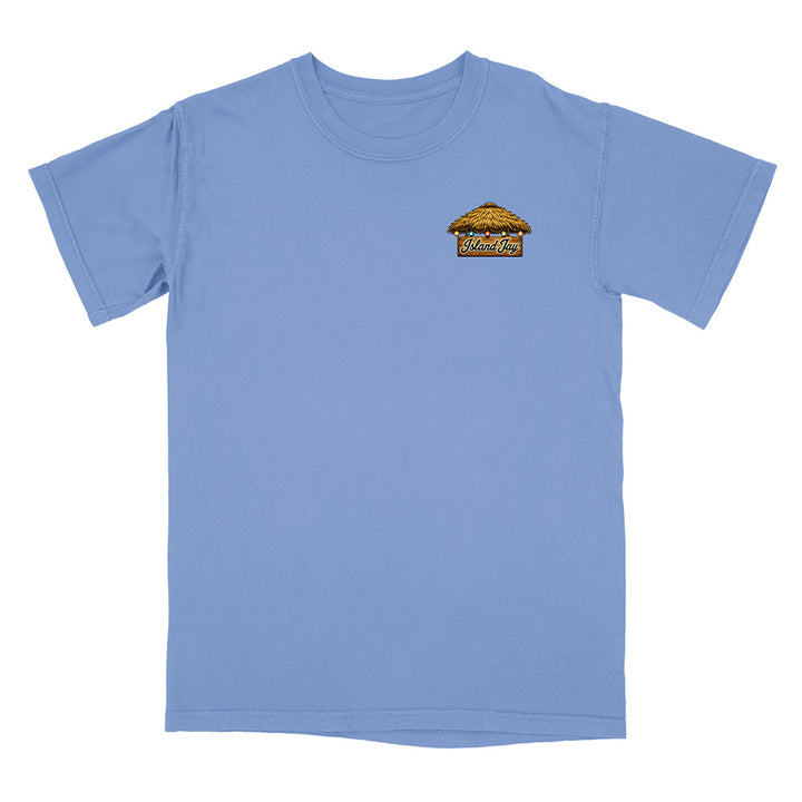 A light blue short-sleeve crewneck t-shirt with a small graphic on the left chest depicting a golden-yellow hot air balloon with the text 'Wanderers' in yellow.