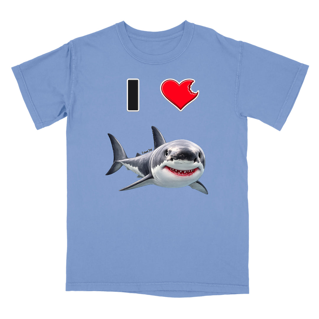 A light blue short-sleeve crewneck t-shirt featuring a graphic print of a great white shark and the text 'I' followed by a red heart and the shark, displayed on a solid white background.