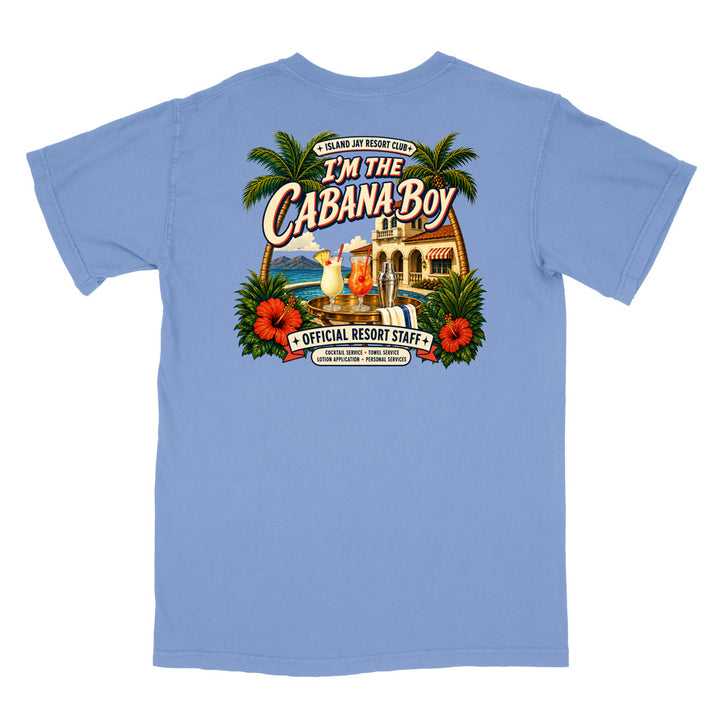 A light blue crewneck t-shirt shown from the back, featuring a large, colorful graphic print with palm trees, hibiscus flowers, a resort scene, and the text 'I'm The Cabana Boy' and 'Official Resort Staff'.