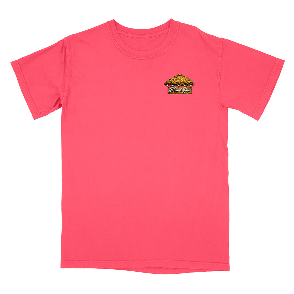 A bright pink short-sleeve crewneck t-shirt with a small graphic on the left chest depicting a burger with the text 'Wicked' in a retro font, shown on a plain white background.