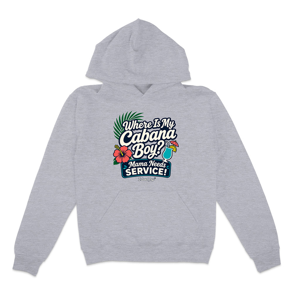 Gray hoodie with a colorful graphic and text on a white background