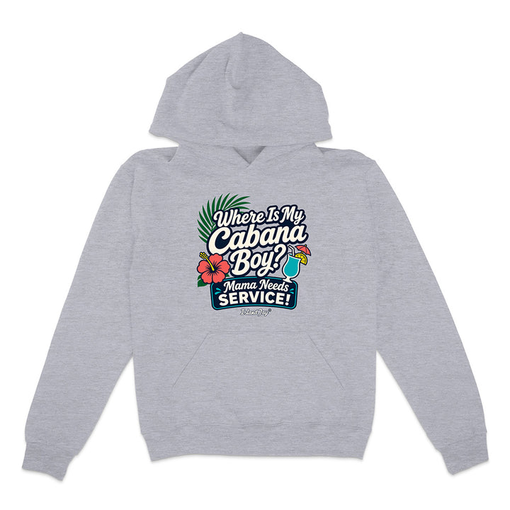 Gray hoodie with a colorful graphic and text on a white background