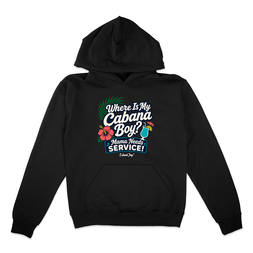 Black hoodie with colorful graphic and text on a white background
