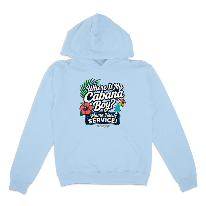 Light blue hoodie with colorful graphic and text on a white background